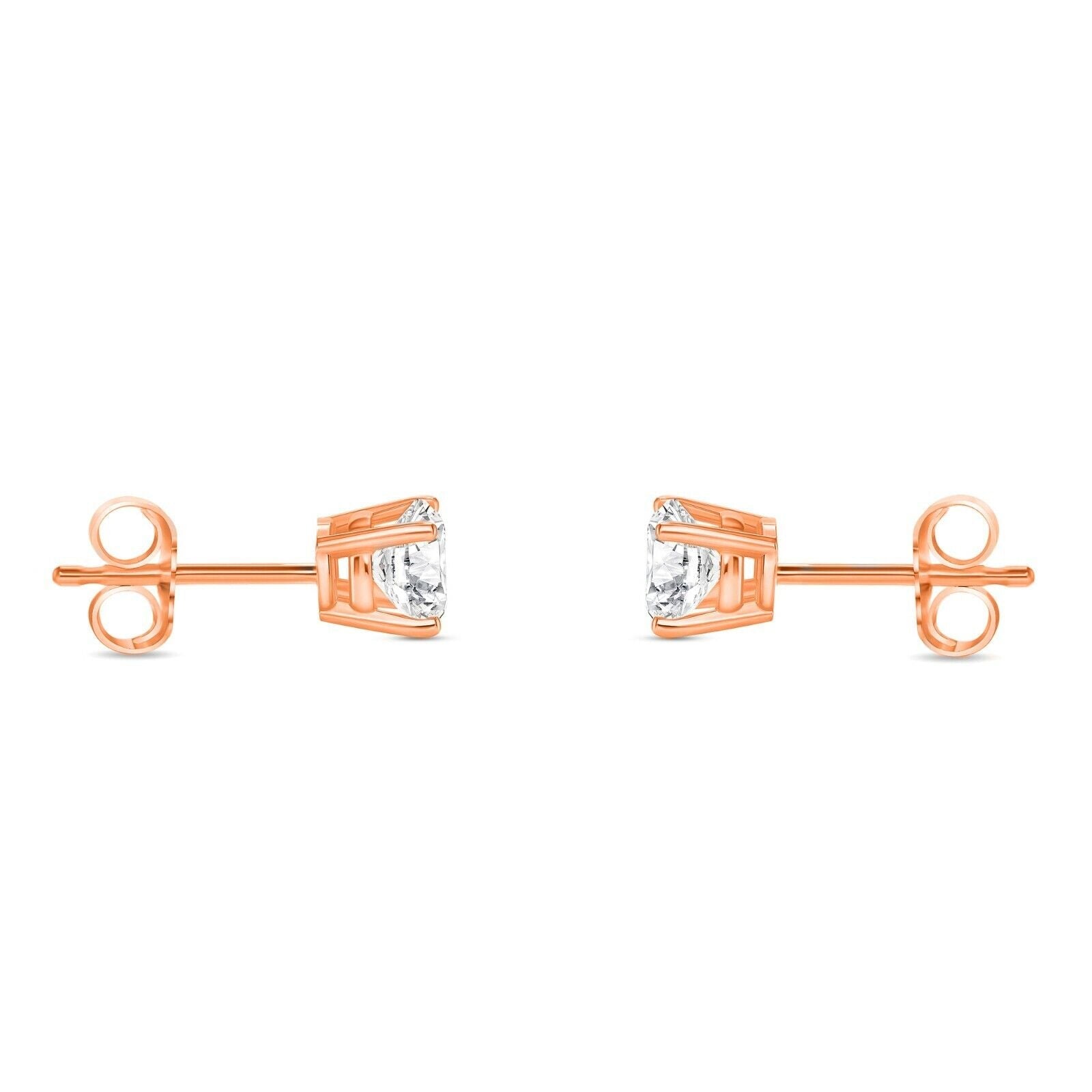 Pair of 3/4 Ct round lab grown diamond stud earrings in 14K rose gold with 4-prong basket setting and push backs
