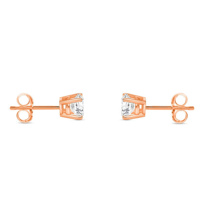 Pair of 3/4 Ct round lab grown diamond stud earrings in 14K rose gold with 4-prong basket setting and push backs