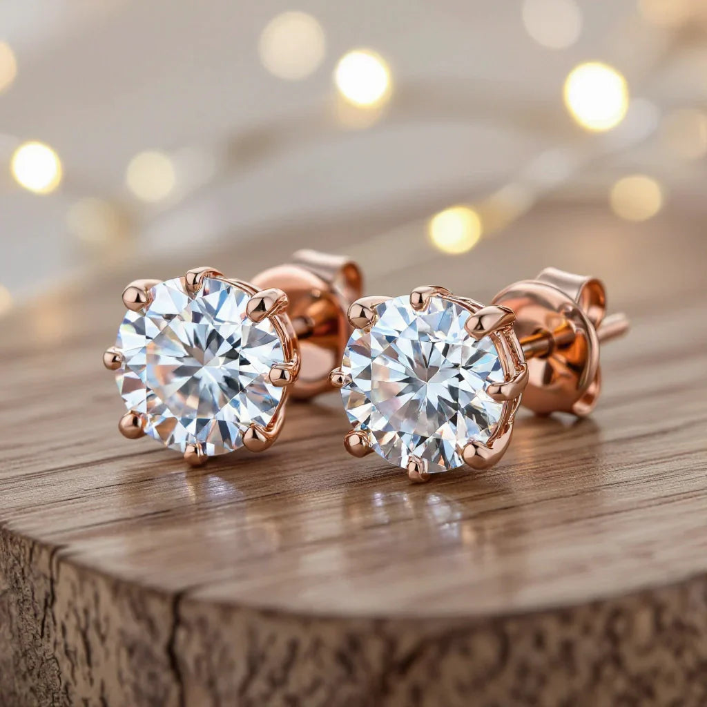 3/4 Ct round lab grown diamond stud earrings set in 14K rose gold with push back posts