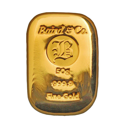 50 gram gold cast bar from Baird & Co. with 999.9 fineness in a rectangular shape