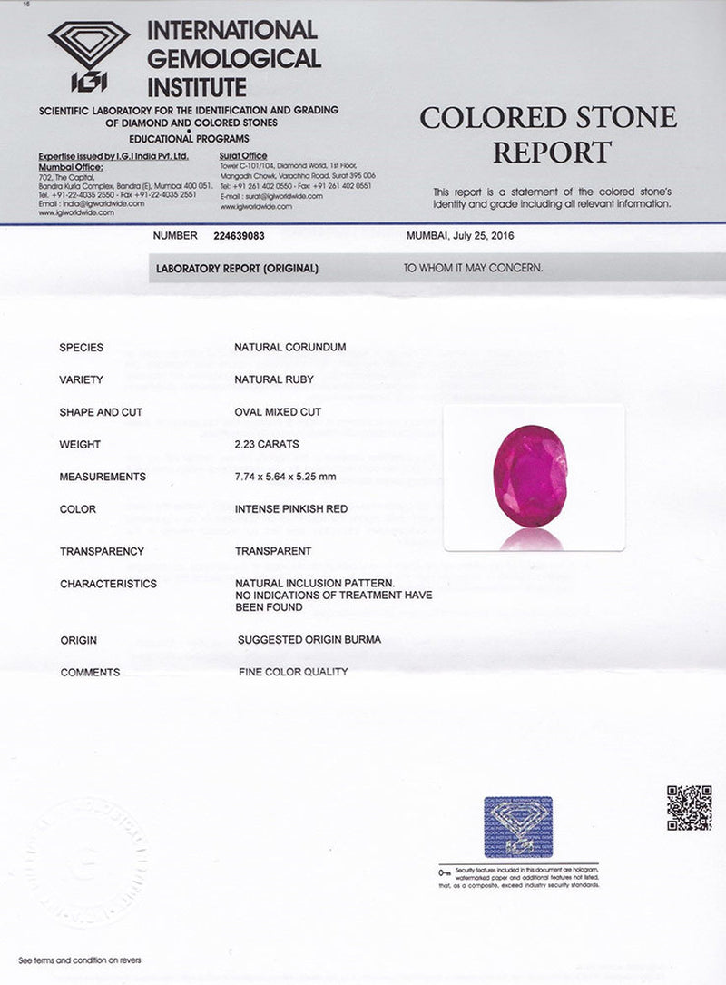 IGI-certified 2.23-carat natural untreated oval ruby from Mogok with intense pinkish red color and transparent clarity