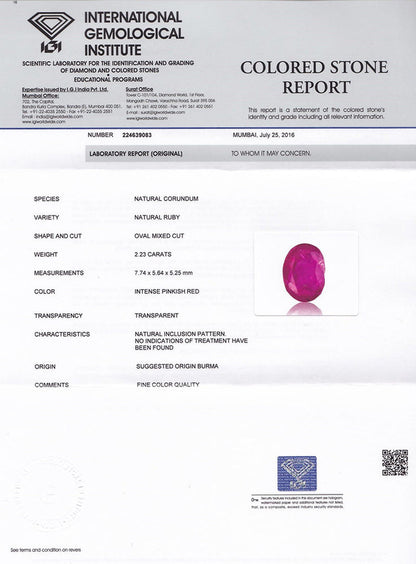 IGI-certified 2.23-carat natural untreated oval ruby from Mogok with intense pinkish red color and transparent clarity