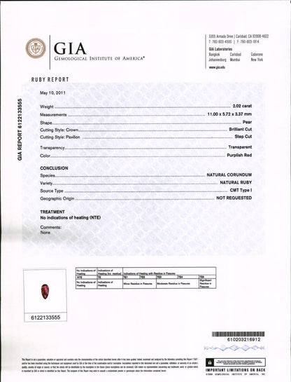 GIA certified 2.02 carat natural untreated neon purplish red pear-shaped Mozambique ruby certificate