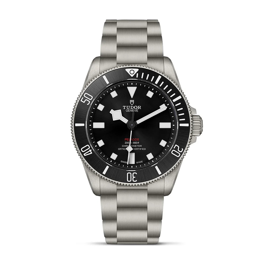 Tudor Pelagos 39 watch with black dial, titanium case, black ceramic bezel, and titanium bracelet