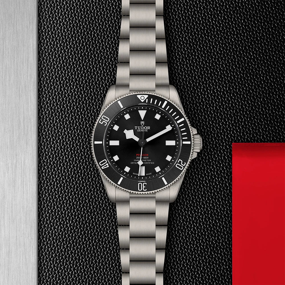 TUDOR Pelagos 39 Black Dial titanium watch with ceramic bezel and titanium bracelet on textured background