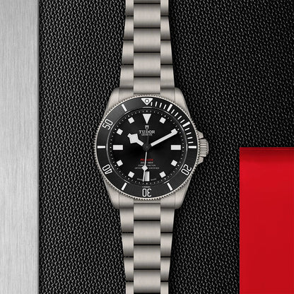 TUDOR Pelagos 39 Black Dial titanium watch with ceramic bezel and titanium bracelet on textured background