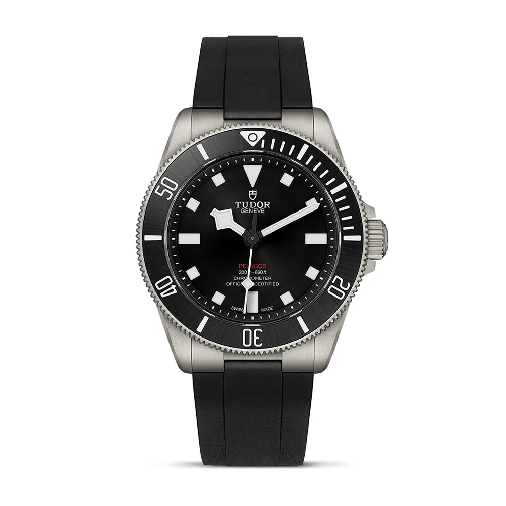 Tudor Pelagos 39 watch with black dial, black ceramic bezel, titanium case, and black rubber strap