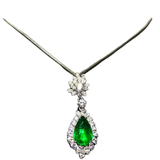 Wholesale luxury trendy 18k white gold necklace with natural green emerald and diamond accents