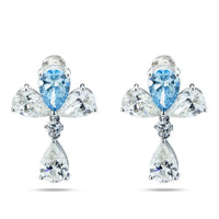 Vivid blue pear shape lab grown diamond drop earrings with white diamond accents in white gold