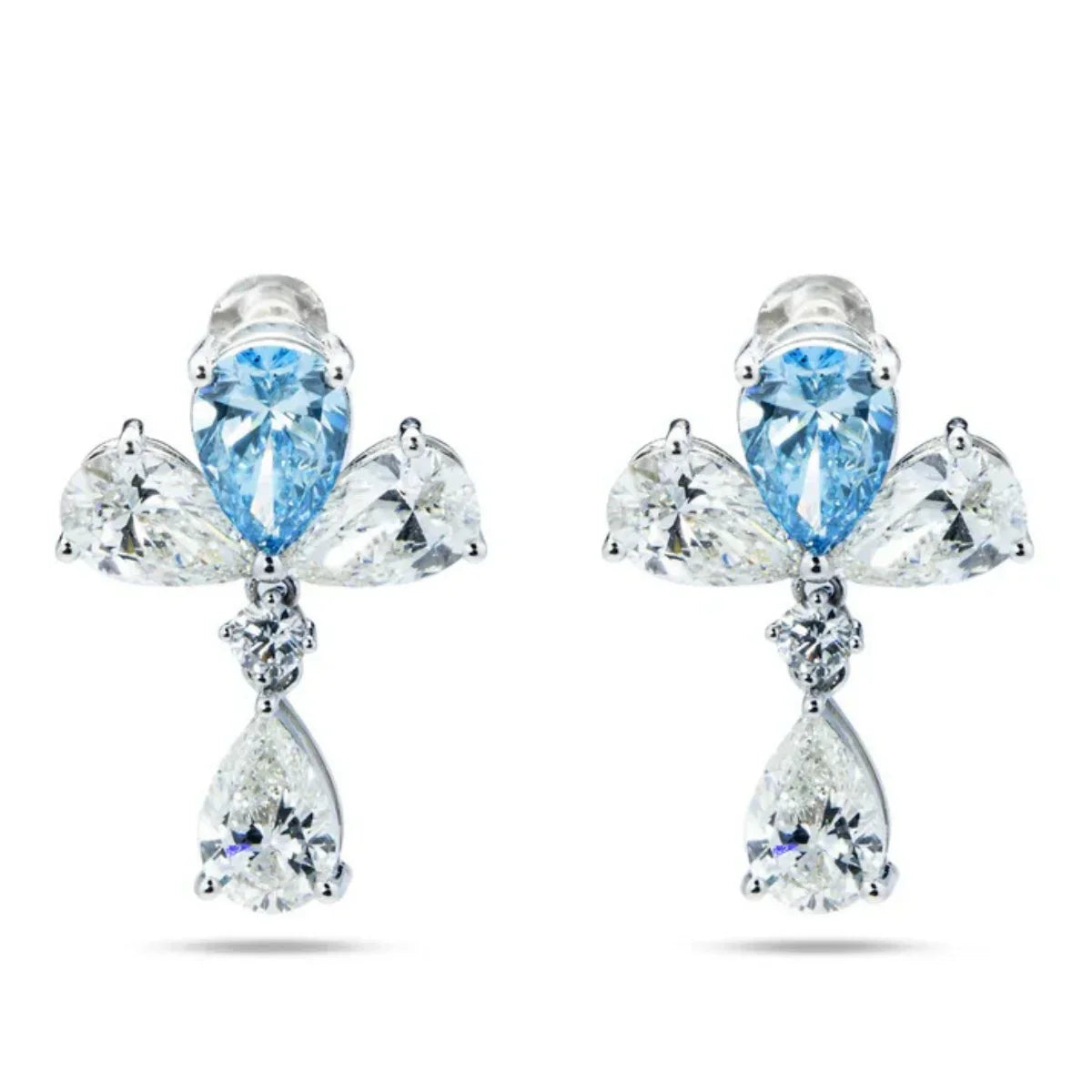 Vivid blue pear shape lab grown diamond drop earrings with white diamond accents in white gold