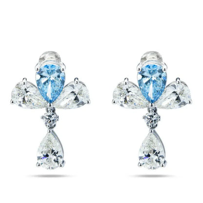 Vivid blue pear shape lab grown diamond drop earrings with white diamond accents in white gold