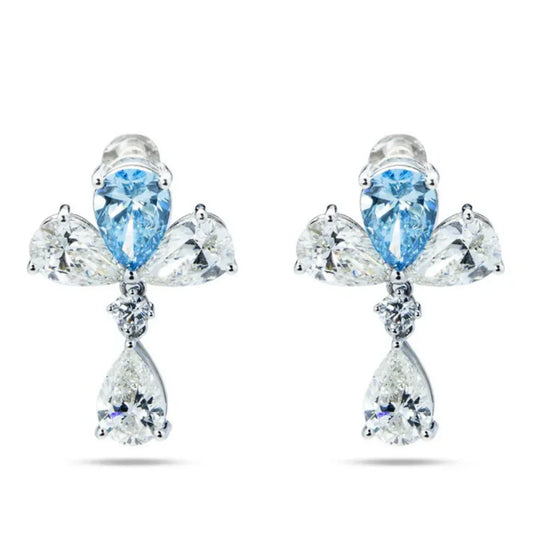 Vivid blue pear shape lab grown diamond drop earrings with white diamond accents in white gold